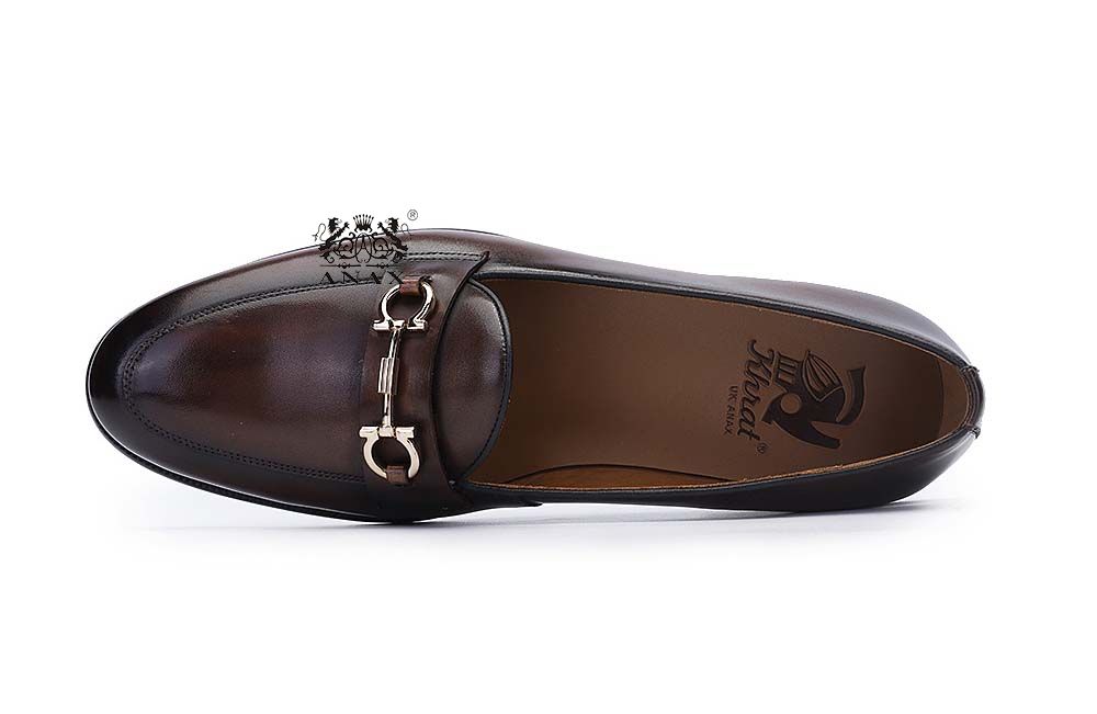Brown Leather Slip on Buckle Loafers Shoes