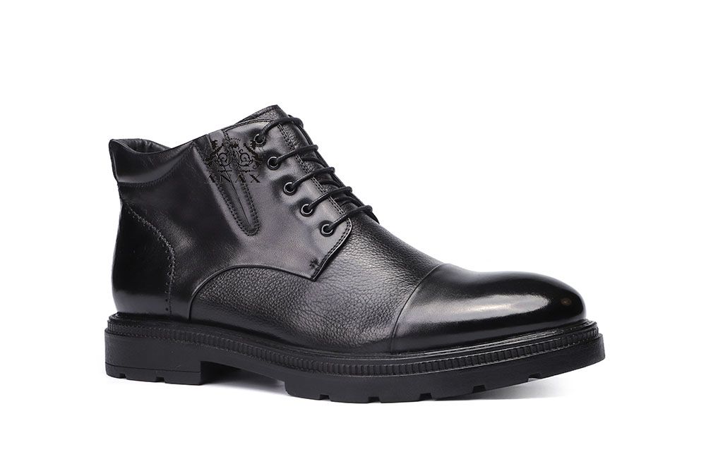 Black Leather Casual Derby Boots Rubber Outsole